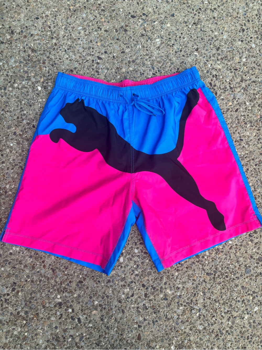 Puma Men’s Blue and Hot Pink Swim Trunks with Black Logo